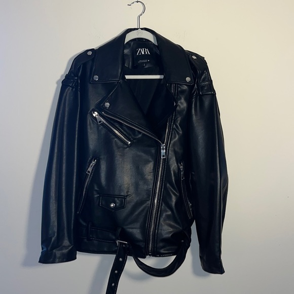 NEW Zara Oversized Black Leather Moto Jacket Women's Coat Size Medium - Picture 2 of 11